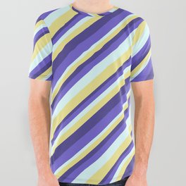 [ Thumbnail: Dark Slate Blue, Slate Blue, Light Cyan, and Tan Colored Striped/Lined Pattern All Over Graphic Tee ]