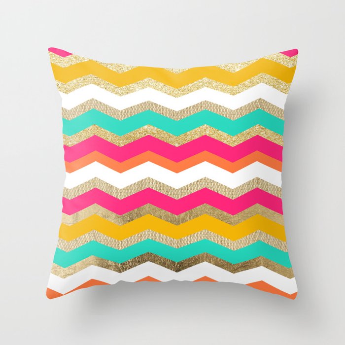 Retro Boho Orange Gold Burlap Pink Turquoise Geometric Chevron