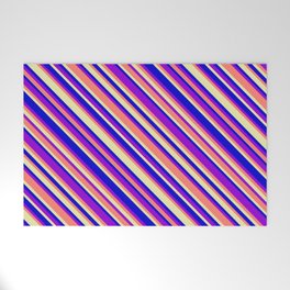 [ Thumbnail: Blue, Dark Violet, Salmon & Pale Goldenrod Colored Lined Pattern Welcome Mat ]