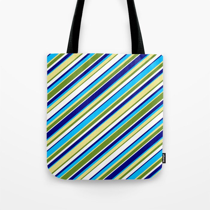 Colorful Blue, Deep Sky Blue, Tan, Green & White Colored Lined Pattern Tote Bag