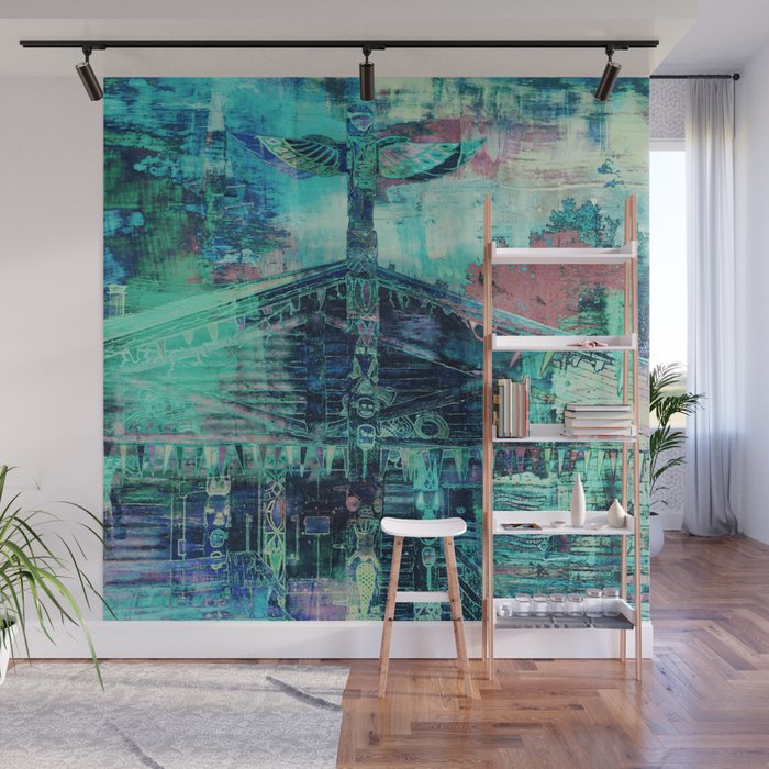 Totem Cabin Abstract - Teal Wall Mural