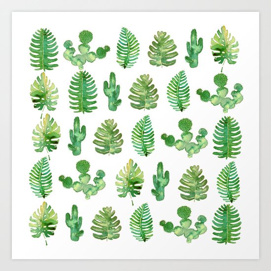 tropical leaves and cactus Art Print