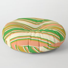 [ Thumbnail: Coral, Tan, Forest Green, and Dark Goldenrod Colored Stripes/Lines Pattern Floor Pillow ]