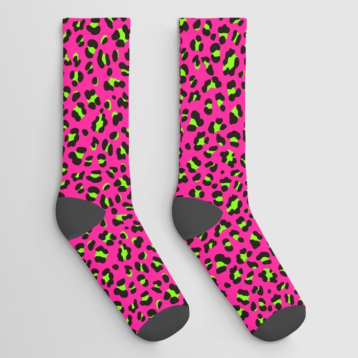 80s Neon Pink and Lime Green Leopard Socks