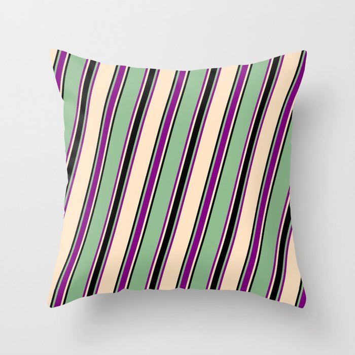 Dark Sea Green, Purple, Bisque, and Black Colored Lines Pattern Throw Pillow