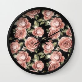 Classic Pink Roses On Black Wall Clock