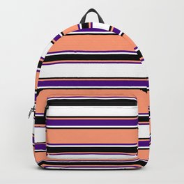 [ Thumbnail: Light Salmon, Indigo, White, and Black Colored Striped Pattern Backpack ]