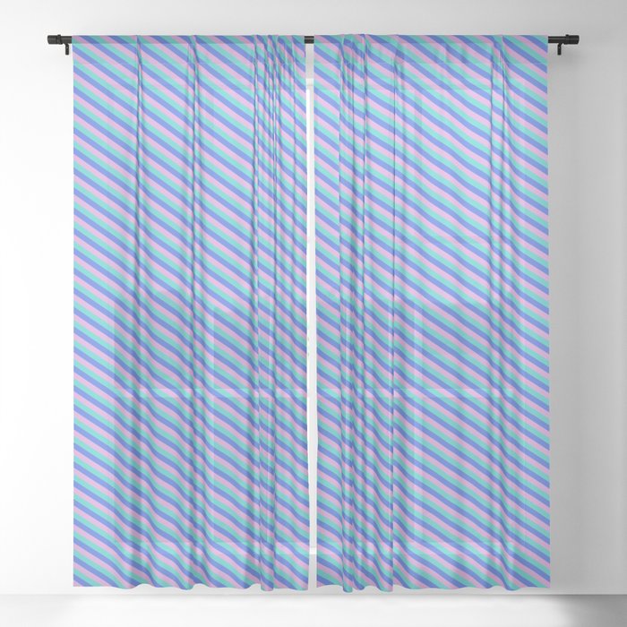 Turquoise, Royal Blue, and Plum Colored Striped/Lined Pattern Sheer Curtain
