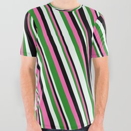 [ Thumbnail: Hot Pink, Forest Green, Mint Cream & Black Colored Stripes Pattern All Over Graphic Tee ]