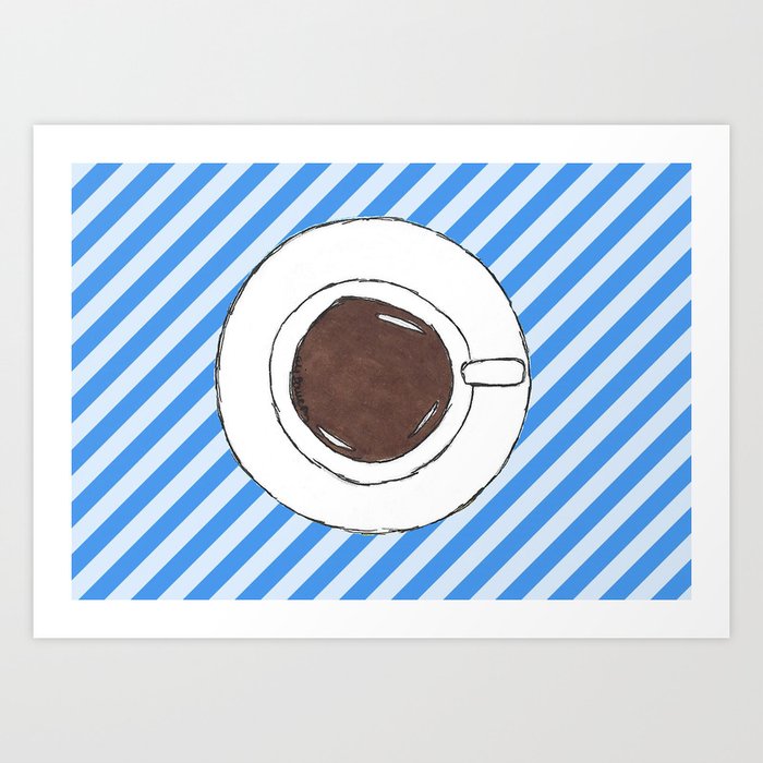 Pen and Ink Drawing of a Coffee Cup on top of a Blue Striped Diagonal Background Art Print