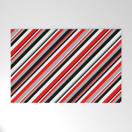 [ Thumbnail: Red, Dark Grey, Black, and Mint Cream Colored Lined Pattern Welcome Mat ]