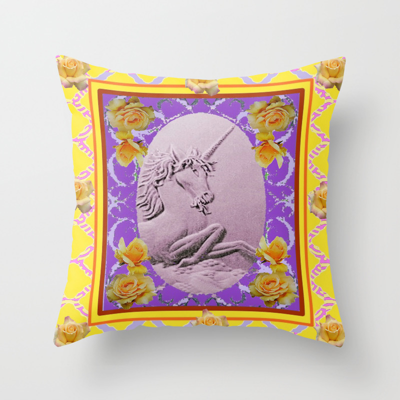 Yellow Roses Purple Unicorn Design Art Throw Pillow By Sharlesart