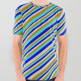 [ Thumbnail: Turquoise, Blue, Light Gray & Dark Goldenrod Colored Pattern of Stripes All Over Graphic Tee ]