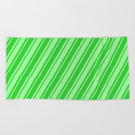 [ Thumbnail: Green and Lime Green Colored Lined/Striped Pattern Beach Towel ]