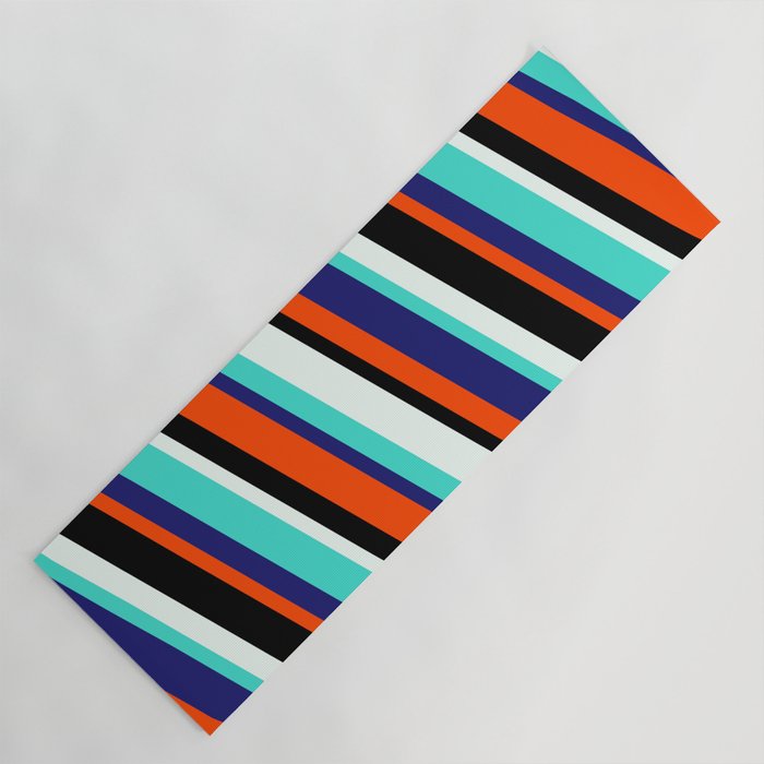 Vibrant Mint Cream, Turquoise, Midnight Blue, Red & Black Colored Lines/Stripes Pattern Yoga Mat