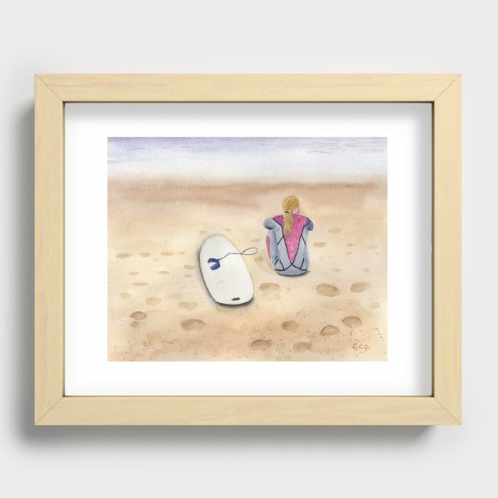 Female Surfer at the Beach Watercolor Fine Art Recessed Framed Print