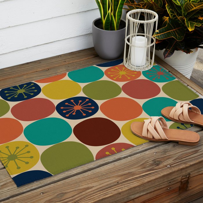 Midcentury Modern Atomic Dot Semi Pattern in Mustard, Olive, Orange, Turquoise, Blue, and Beige