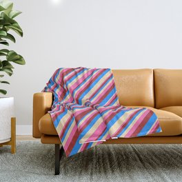 [ Thumbnail: Tan, Hot Pink, Brown & Blue Colored Striped Pattern Throw Blanket ]