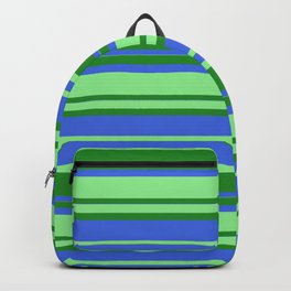 [ Thumbnail: Forest Green, Royal Blue & Light Green Colored Striped Pattern Backpack ]
