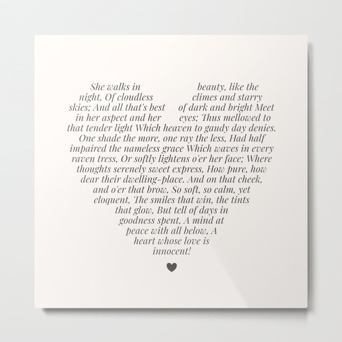 She walks in beauty poem by Lord Byron (cream Background) Metal Print