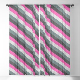 [ Thumbnail: Deep Pink, Light Grey, Dark Slate Gray & Black Colored Lines/Stripes Pattern Sheer Curtain ]