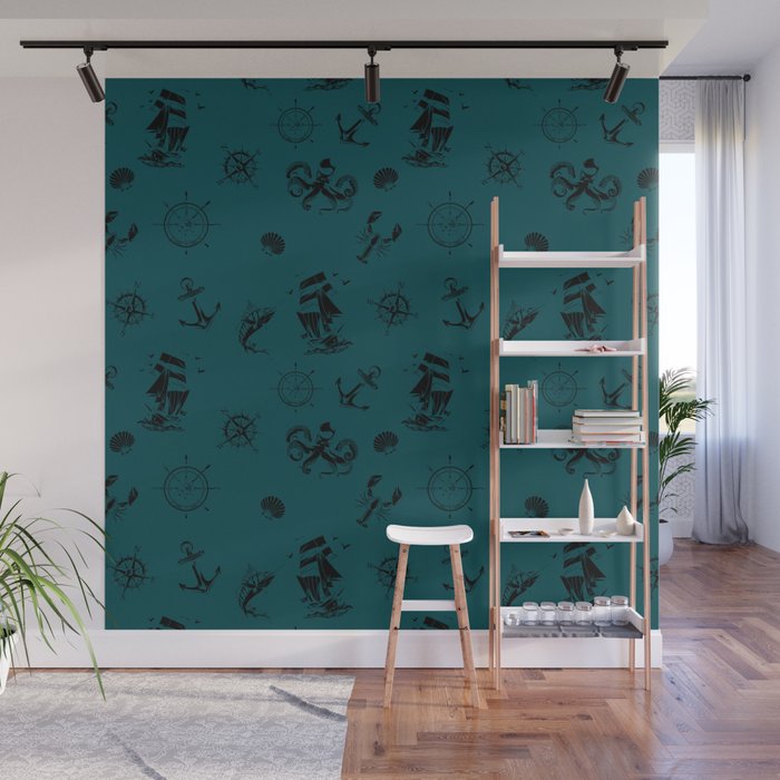 Teal Blue And Black Silhouettes Of Vintage Nautical Pattern Wall Mural