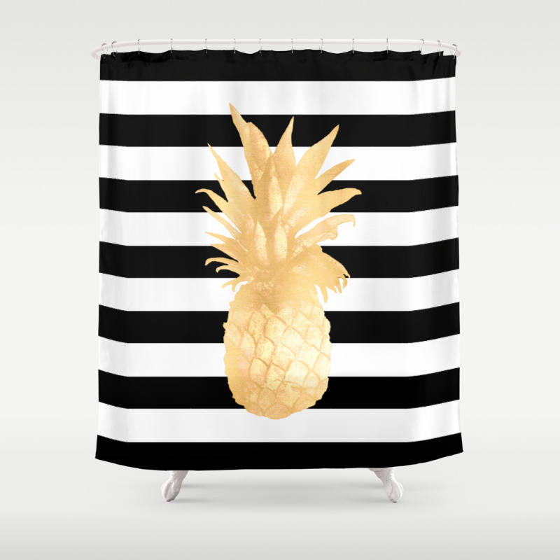 Gold Pineapple Black and White Stripes Shower Curtain by Nature Magick |  Society6