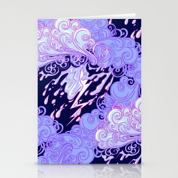 Seamless pattern. Retro style curly decorative clouds with rain drops and lightning. Vintage illustration Stationery Cards