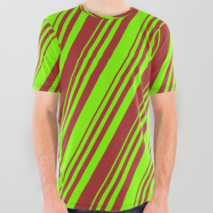 Chartreuse and Brown Colored Stripes/Lines Pattern All Over Graphic Tee