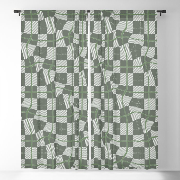 Warped Checkerboard Grid Illustration Green Gray Blackout Curtain