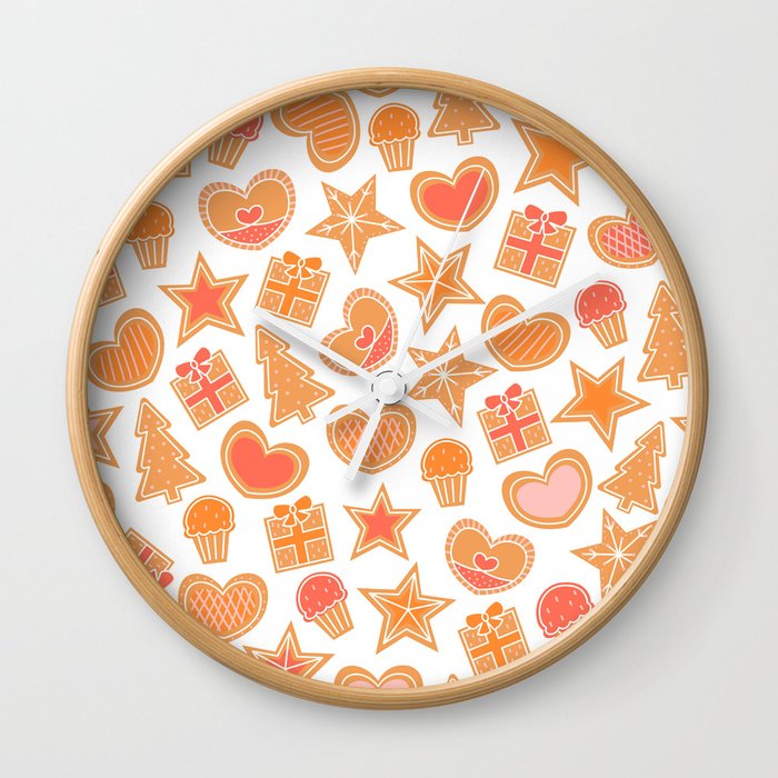 Gingerbread Cookies Seamless Pattern on White Background with Xmas Eve, Heart, Stars and Gifts, Happy Christmas Wall Clock