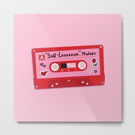 Illustration of a red plastic audio cassette tape, with a pink label that reads "Self-love" mixtape, heart and flower stickers on it. Old technology, realistic retro design, art image drawing.  Metal Print