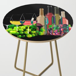 Graphic Art Composition Of Grapes, Wine Glasses, and Bottles Side Table