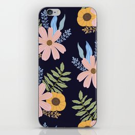 Soft Pink and Buttermilk Yellow Floral Pattern Navy Blue Background iPhone Skin