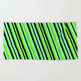 [ Thumbnail: Aquamarine, Green & Black Colored Lines/Stripes Pattern Beach Towel ]