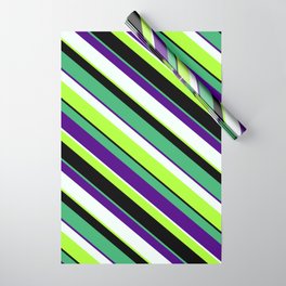 [ Thumbnail: Sea Green, Indigo, Mint Cream, Light Green & Black Colored Lined Pattern Wrapping Paper ]