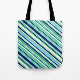[ Thumbnail: Eyecatching Aquamarine, Sky Blue, Midnight Blue, Sea Green & Beige Colored Striped/Lined Pattern Tote Bag ]