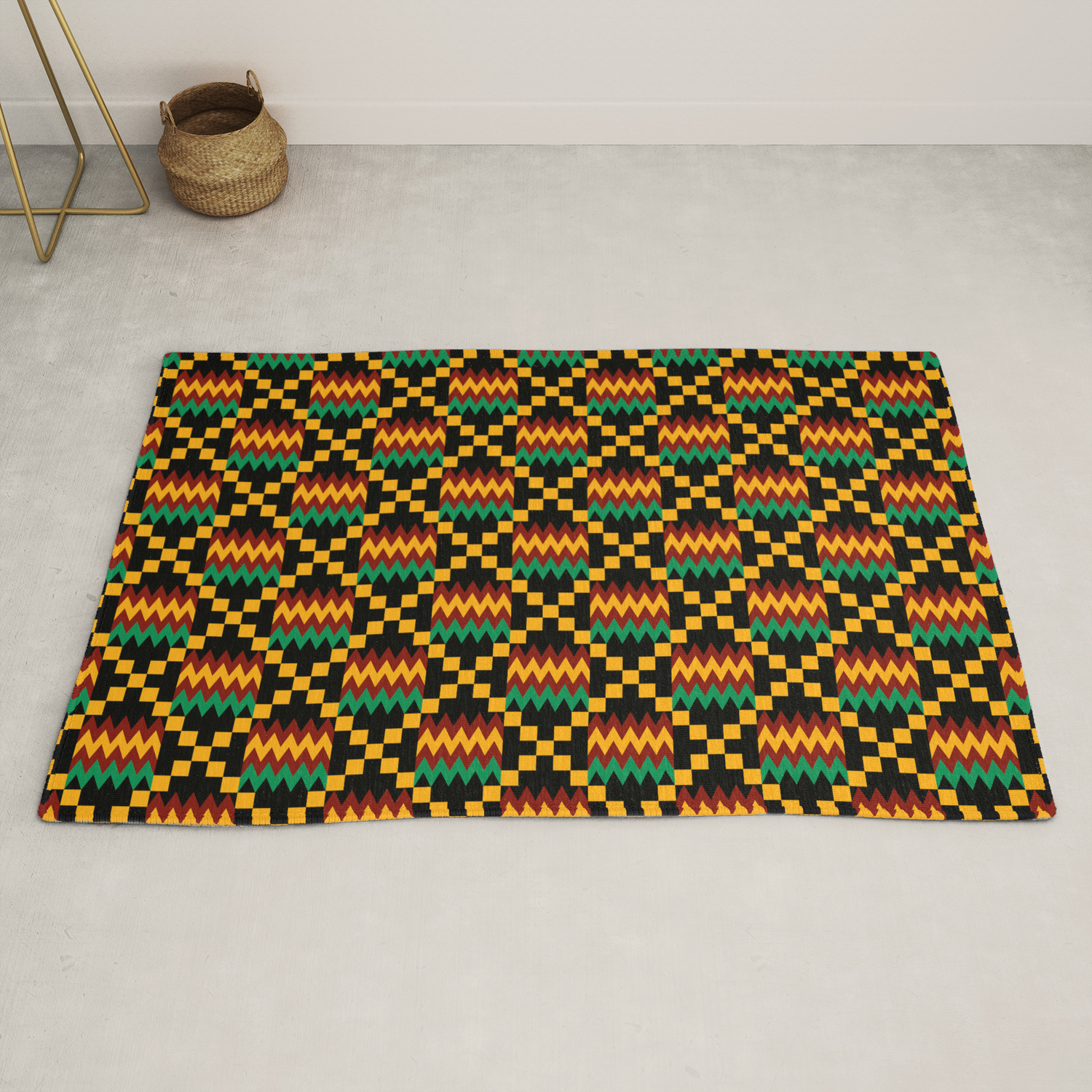 Green Dark Red Yellow Gold Kente Cloth On Black Rug By