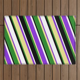 [ Thumbnail: Purple, Tan, Forest Green, Black, and White Colored Lined/Striped Pattern Outdoor Rug ]