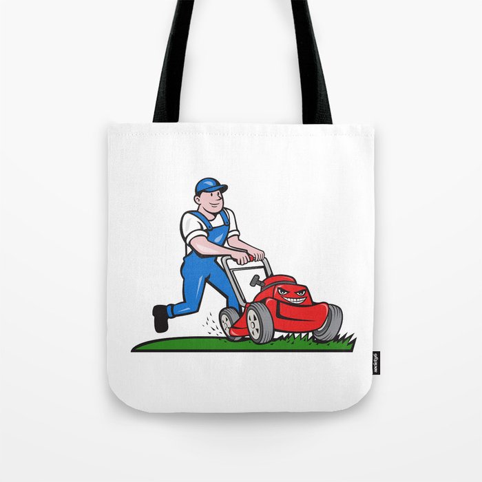 Gardener Mowing Lawn Mower Cartoon Tote Bag