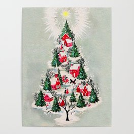 Vintage Christmas Tree Village Poster