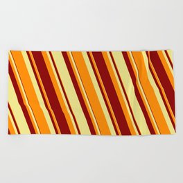[ Thumbnail: Tan, Dark Orange, and Dark Red Colored Lined Pattern Beach Towel ]
