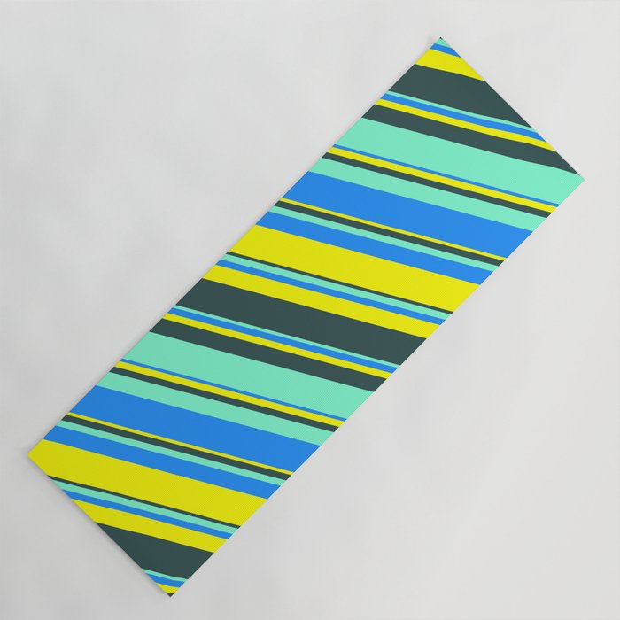 Blue, Yellow, Dark Slate Gray, and Aquamarine Colored Lines Pattern Yoga Mat