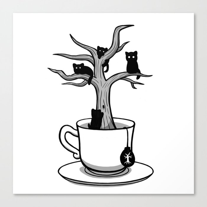 Bare tree with cats growing inside a cup of tea Canvas Print