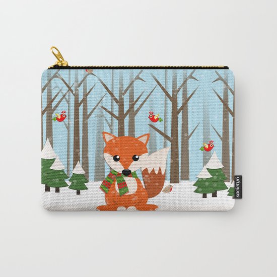 Cute winter fox with a red / green scarf, Carry-All Pouch
