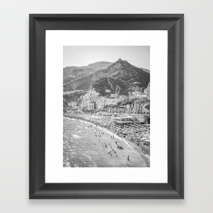 Black and White Amalfi Coast Landscape | Coastal Beach Summer Art Print | Travel Photography in Italy Framed Art Print