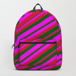 [ Thumbnail: Crimson, Dark Green & Fuchsia Colored Striped Pattern Backpack ]
