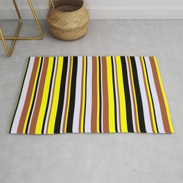 [ Thumbnail: Yellow, Sienna, Lavender, and Black Colored Lines/Stripes Pattern Rug ]