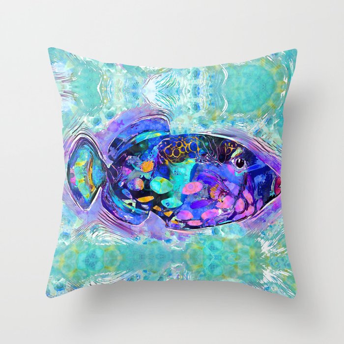 Colorful Whimsical Triggerfish Fishy Fish Beach Art Throw Pillow