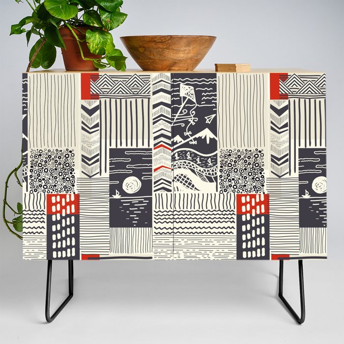 Seamless patchwork pattern from abstract doodles. Hand drawn collage in black, red and beige. Vintage illustration Credenza